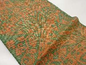 手織り真綿紬花唐草に曲線・幾何学模様織出し名古屋帯